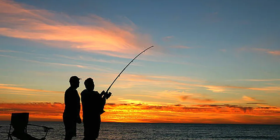 Two different sized fishing rods on an empty dock beside calm water