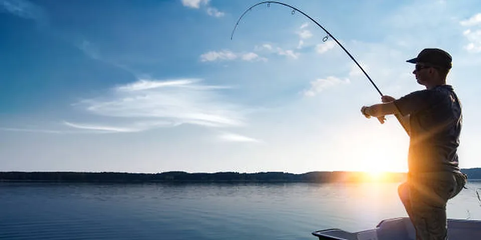 Two different sized fishing rods on an empty dock beside calm water