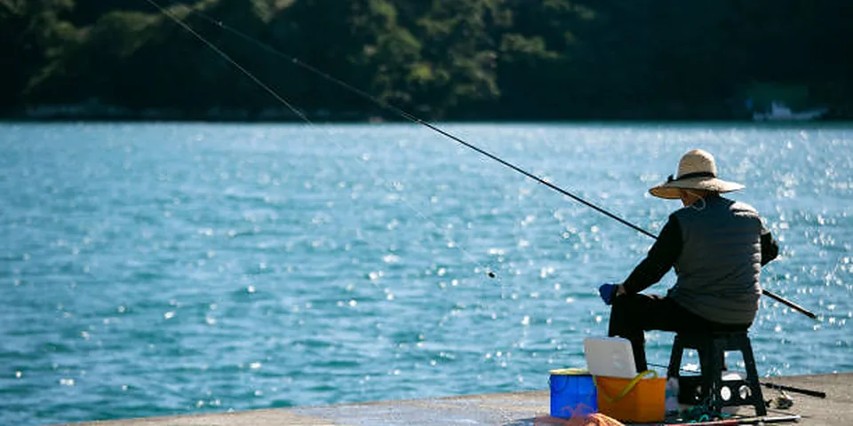 Two different sized fishing rods on an empty dock beside calm water