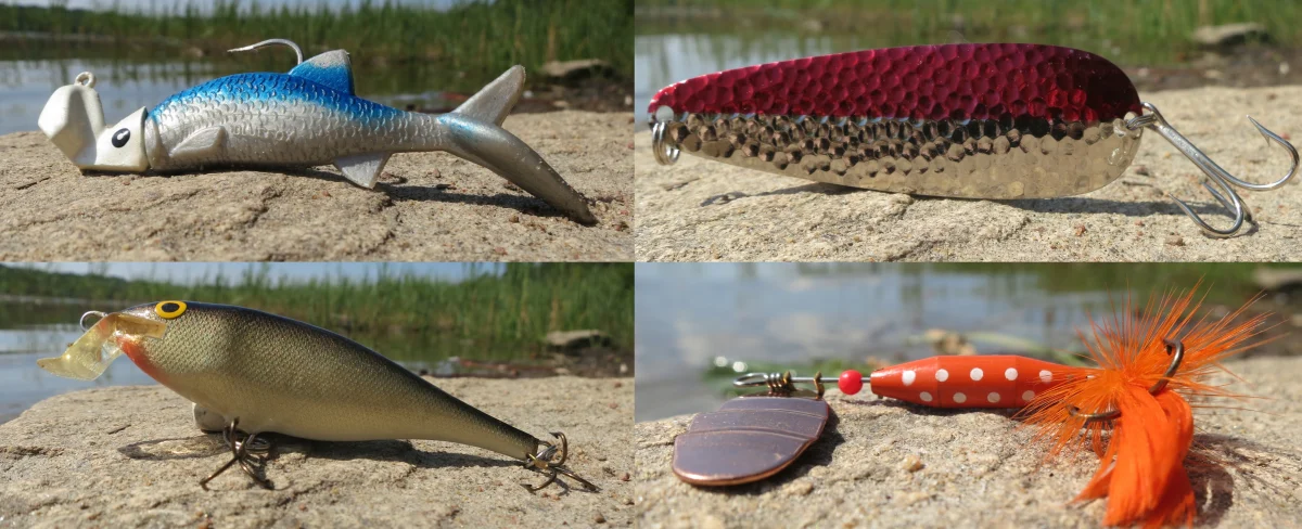 Four fishing lure types arranged in a grid