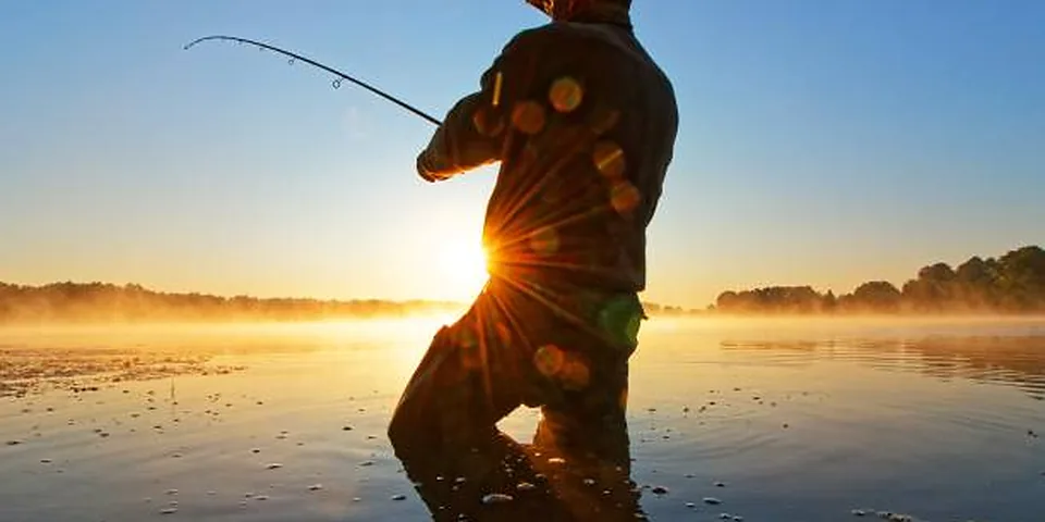 Two different sized fishing rods on an empty dock beside calm water