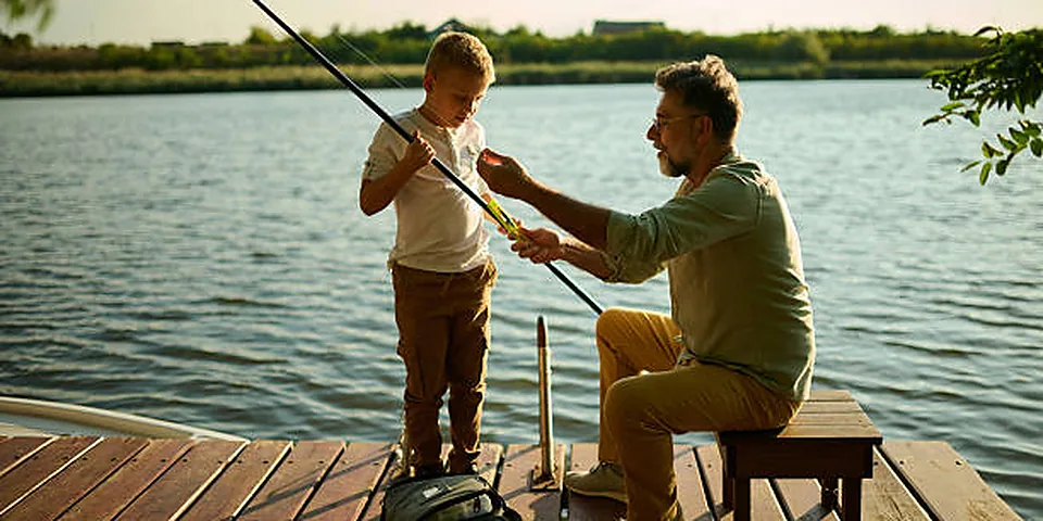 Fishing rod beside quiet coastal water with no people or text