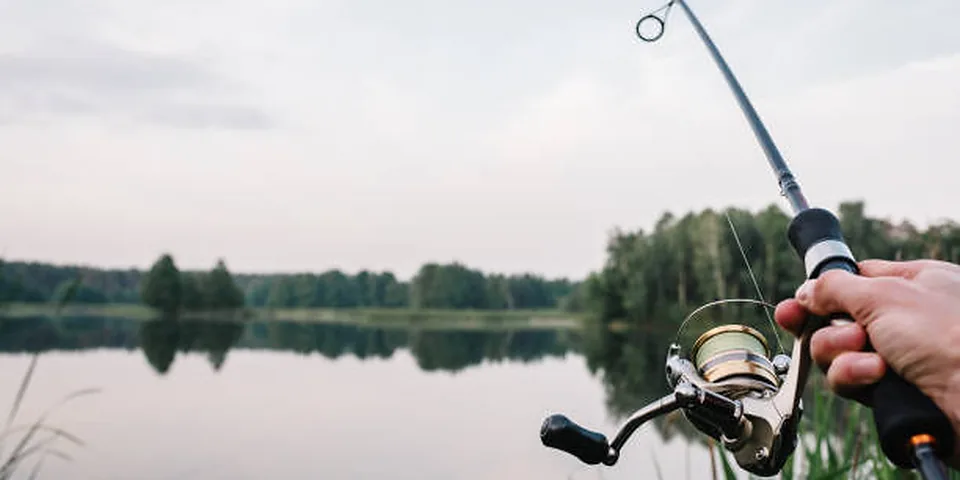 Two different sized fishing rods on an empty dock beside calm water