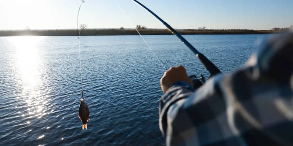 Unbranded tackle setup on an empty dock beside a calm lake