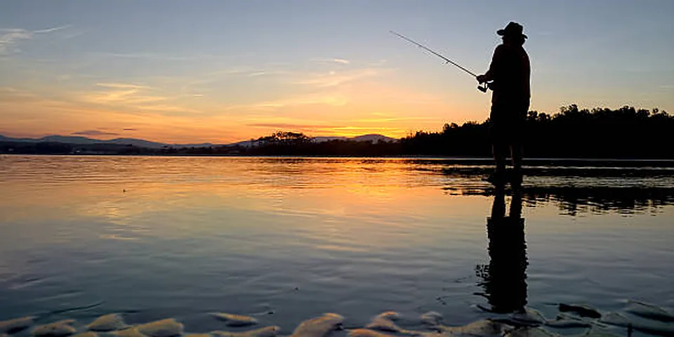 Two different sized fishing rods on an empty dock beside calm water